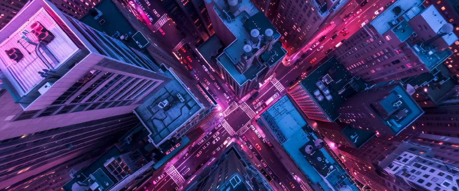 An overhead view of city skyscrapers